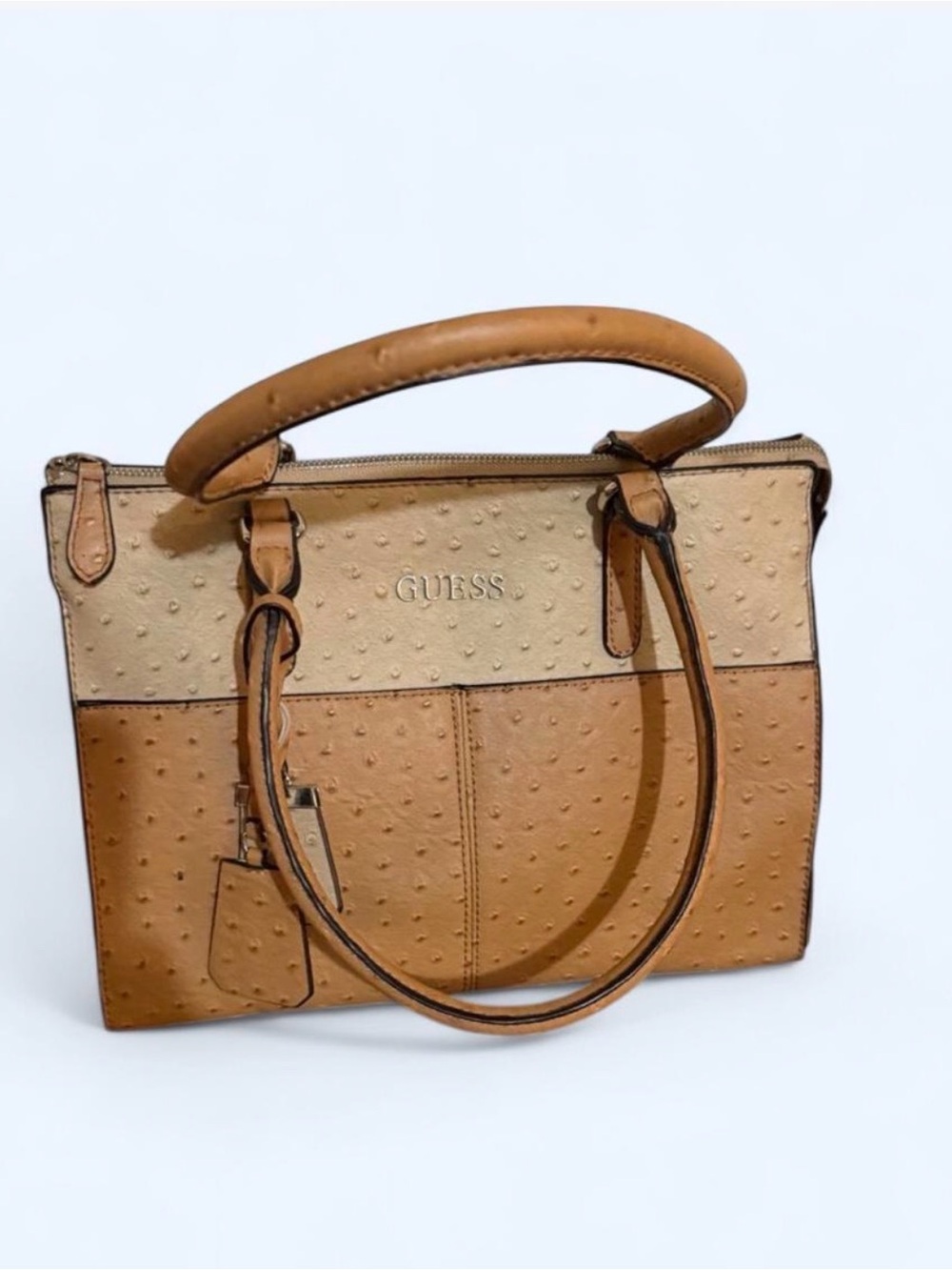 GUESS Two-Tone Tan and Cream Ostrich-Texture Satchel